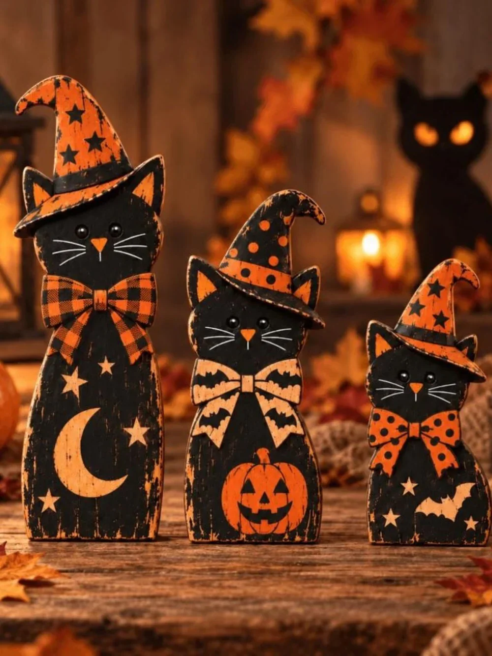 2D Halloween Cat Wooden Blocks, 3ps Wooden Halloween Tiered Tray Decor
